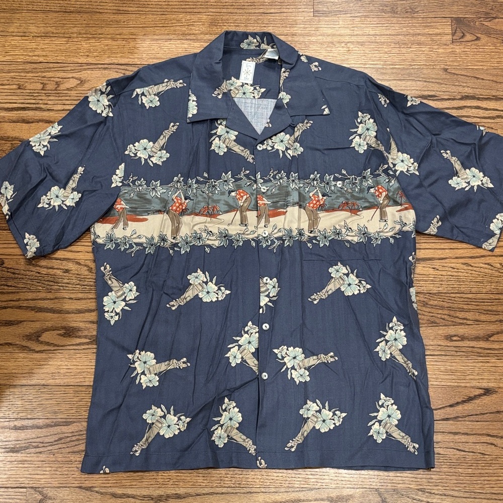 Burma Bibas NavyFloral and Golf traffic Button-Front Silk Camp Shirt